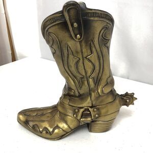 Vintage ArtBrass Giftmakers Gold Brass Cowboy Boot Spur Planter Pot Vase 9"